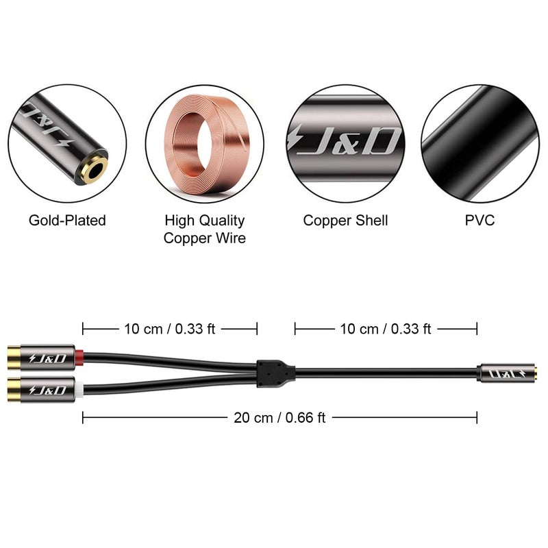 J&D 3.5 mm to 2 RCA Cable, Gold Plated Copper Shell Heavy Duty 3.5mm Female to 2RCA Female Stereo Audio RCA Cable Adapter, 0.65 Feet - Image 3